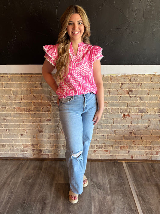 Pink V Neck Fluttered Sleeve Blouse