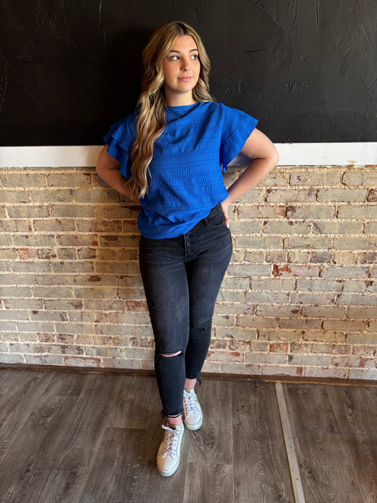 Dark Blue Textured Ruffle Sleeve Blouse
