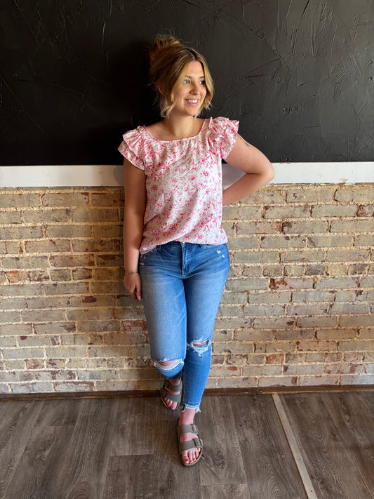 Pink Ruffled Short Sleeve Bow Blouse