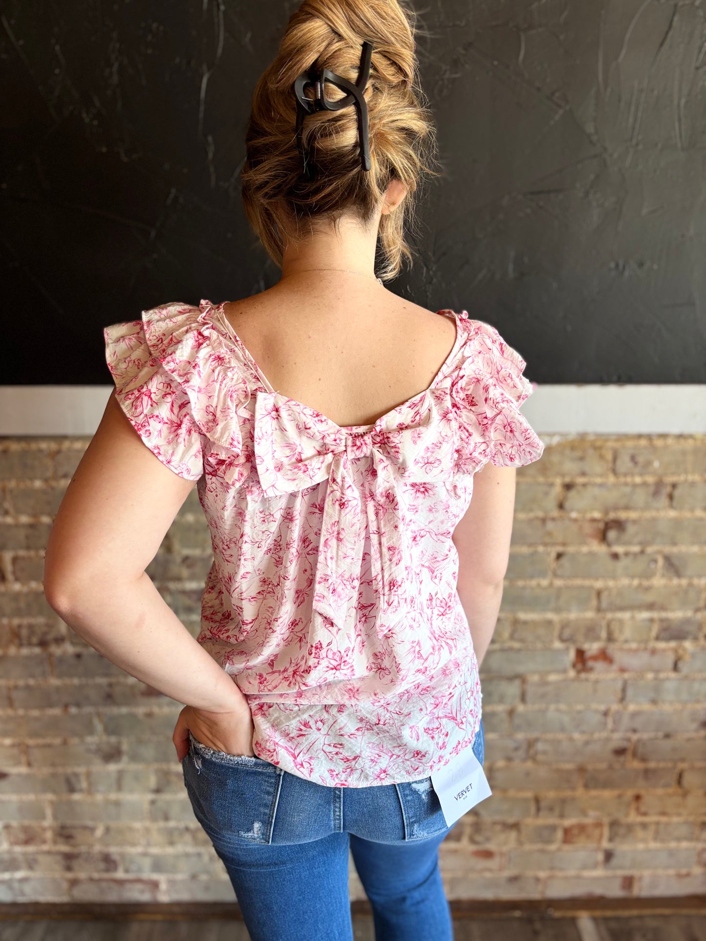 Pink Ruffled Short Sleeve Bow Blouse