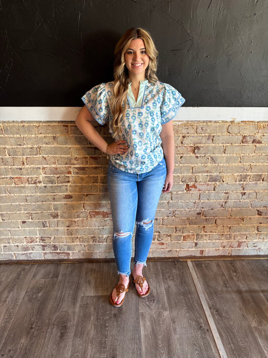 Blue-Green Frilly V-Knecked Blouse