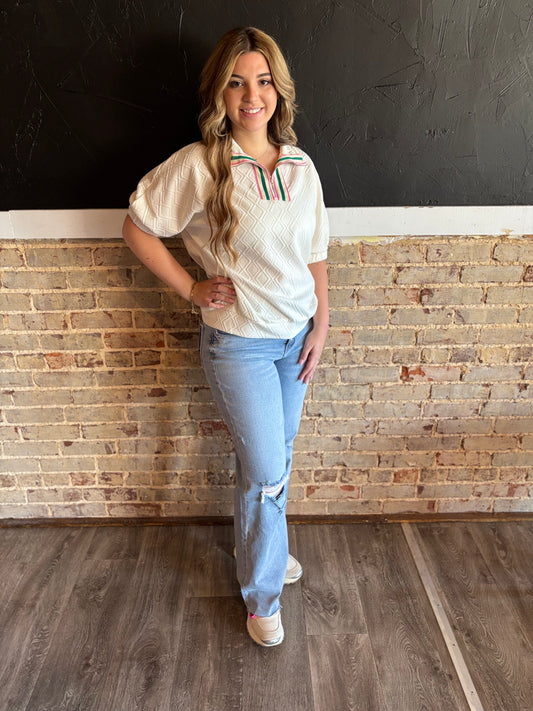 White Puff Sleeved with Striped Collar Blouse