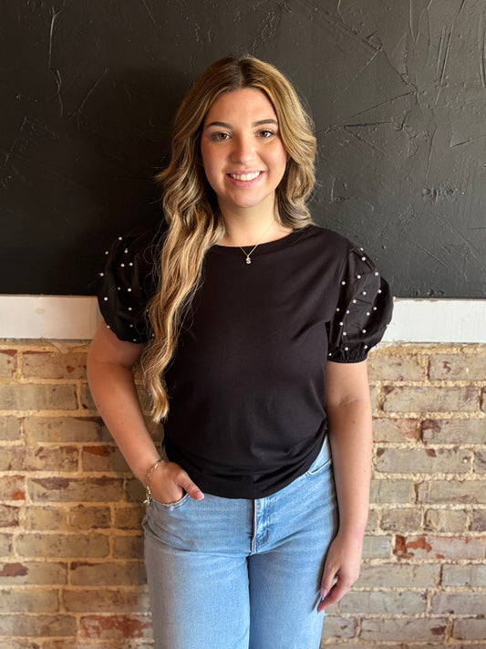 Black Puffed Pearl Sleeve Top